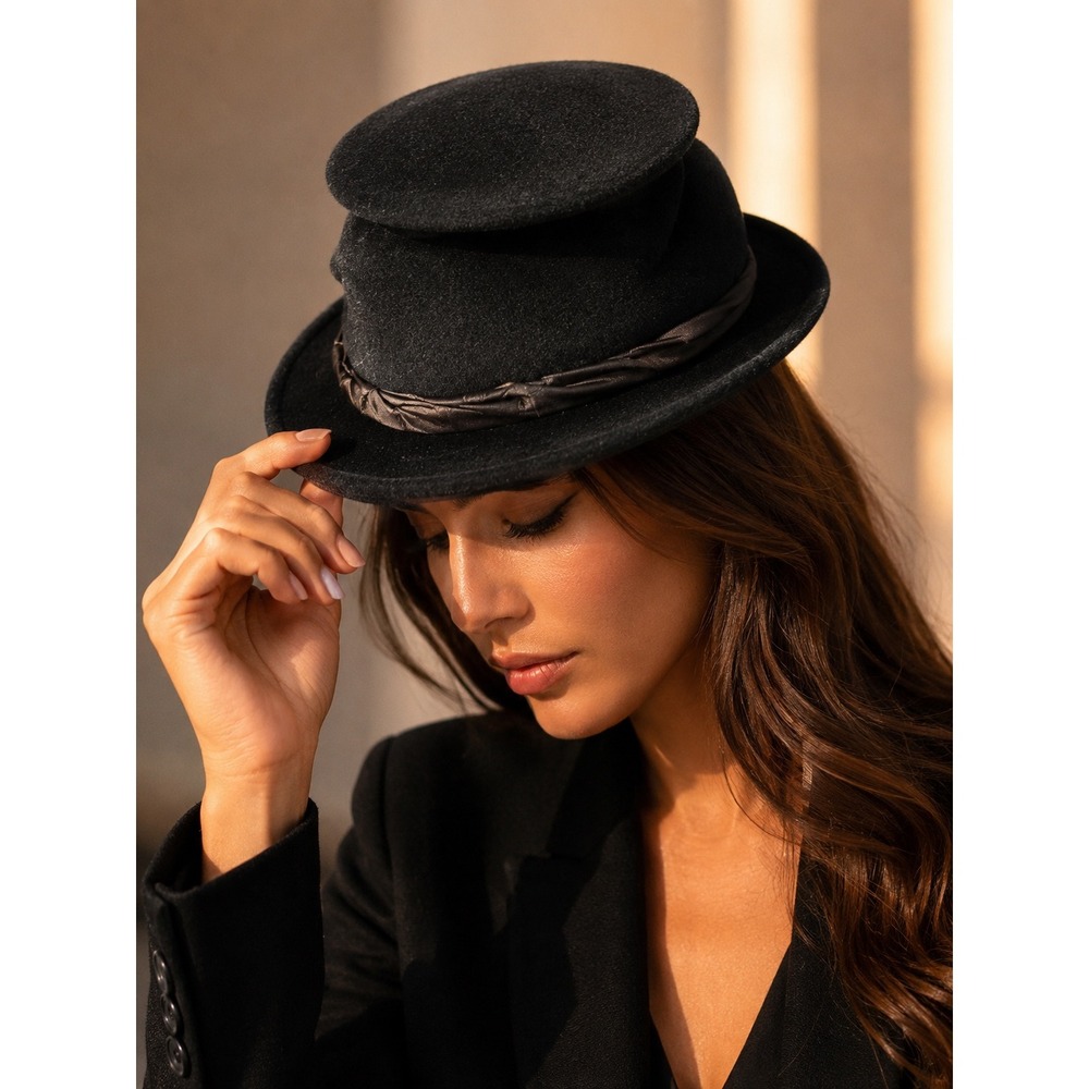 Henri Bendel Marjorie Lee Woo Women OS Black Excellent Wool Felt Top Hat